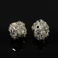 Argent Perles de strass, sans nickel, blanc, ronde, couleur argent plaqué, 12 facettes, taille: environ 8 mm de diamètre, trou: 1 mm