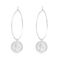 silver Retro Statement Round Earrings with Coin Pendant for Women