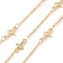 Real 18K Gold Plated Clear Cubic Zirconia Cross Link Chains, with Brass Cable Chains, Unwelded, with Spool, Cadmium Free & Nickel Free & Lead Free, Real 18K Gold Plated, 11x5x1.5mm