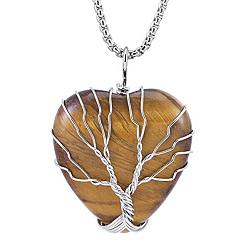 Tiger Eye Natural Tiger Eye Tree of Life Pendants, Heart Charms with Platinum Alloy Wire Wrapped Tree, 37x31mm