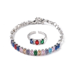 Разноцветный Овальные латунные браслеты-манжеты и кольца с микропаве из кубического циркония для женщин, стойки покрытие, платина, красочный, браслет: 7ширина мм, внутренний диаметр: 59.5x55 мм