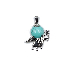 Synthetic Turquoise Synthetic Turquoise Dyed Pendants, Antique Silver Plated Alloy Angel Charms, 36x28mm