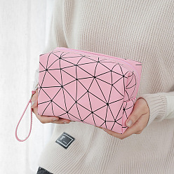 Pink Портативная сумка для хранения макияжа из искусственной кожи с рисунком ромба, дорожная косметичка, многофункциональный мешок для стирки, с цепочкой, розовые, 13x18x8 см