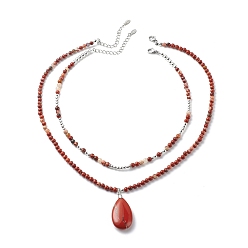 Red Jasper 2Pcs 2 Style Natural Red Jasper Teardrop Pendant Necklaces Set, Synthetic Hematite & Brass Beaded Stackable Necklaces for Women, 15.35~20.39 inch(39~51.8cm), 1Pc/style