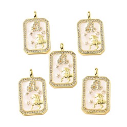 Лео Подвески из латуни микропаве с фианитами и эмалью, созвездие с прямоугольником, стойки покрытие, долговечный, без свинца и без кадмия, реальный 18 k позолоченный, Лев, 25x14.5x4 мм, отверстие : 3.5x2.5 мм