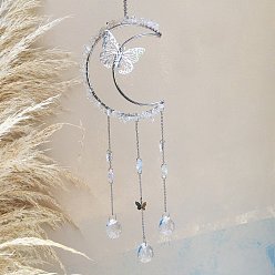 Quartz Crystal Natural Quartz Crystal Chip Wrapped Moon with Butterfly Hanging Ornaments, Glass Teardrop Tassel Suncatchers for Home Outdoor Decoration, 400mm