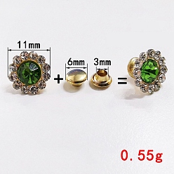 Green Alloy Flower Cap Rivets Studs, with Rhinestone, for Clothes Bag Shoes Leather Craft, Green, 11x8.5mm
