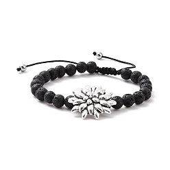 Lava Rock Natural Lava Rock & Synthetic Hematite Braided Bead Bracelet with Alloy Lotus, Essential Oil Gemstone Jewelry for Women, Inner Diameter: 2-3/8~3-1/4 inch(6~8.2cm)