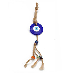 Round Evil Eye Glass Pendant Decorations, Tassel Hemp Rope Hanging Ornament, Royal Blue, Round Pattern, 290mm