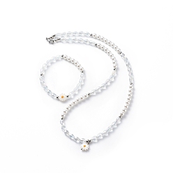 Blanc Bracelet extensible et collier pendentif fleur de marguerite en coquillage naturel, bijoux en perles de verre et de plastique pour femmes, blanc, 21-1/4 pouce (54 cm), 53mm