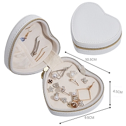 White PU Leather Jewelry Storage Zipper Box, with Velvet Covered, Portable Jewelry Organizer Case, for Ring, Earrings and Necklace, Heart, White, 10.3x9.5x6.5cm