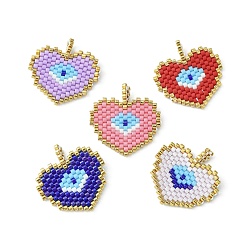 Mixed Color Handmade MIYUKI Japanese Seed Loom Pattern Seed Beads, Heart with Evil Eye Pendants, Mixed Color, 23.5~24x22.5x2mm, Hole: 3.5mm