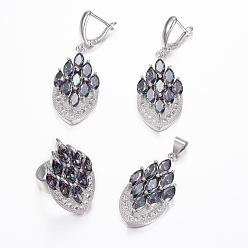 Colorful Brass Micro Pave Cubic Zirconia Jewelry Sets, Pendants & Hoop Earrings & Finger Rings, Marquise/Horse Eye, Platinum, Colorful, Size 8(18mm), 38.5x17x5.5mm, Hole: 5.5x4mm, 49x17x5.5mm, Pin: 1mm