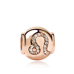Leo Rose Gold Plated Alloy European Beads, with Crystal Rhinestone, Large Hole Beads, Rondelle with Twelve Constellations, Leo, 11x11mm