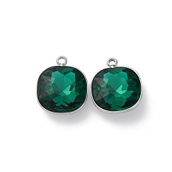 Изумруд 304 из нержавеющей стали горный хрусталь подвески, квадратных амулеты, цвет нержавеющей стали, изумруд, 16x13x6 мм, отверстие : 1.6 мм