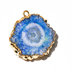 Blue Natural Druzy Agate Dyed Pendants, Golden Edged Flower Slice Charms, Blue, 15~30mm