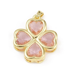 Розовый Латунь стекло кулоны, клевер, без свинца и без кадмия, долговечный, стойки покрытие, реальный 18 k позолоченный, граненые, туманная роза, 24x21.5x5.5 мм, отверстие : 5x2.5 мм