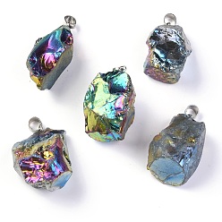 Colorful Rough Raw Electroplate Natural Crystal Quartz Pendants, with Platinum Tone Alloy Snap on Bails, Nuggets, Colorful, 17~34x17~24x11.5~18mm, Hole: 5.5x4.5mm