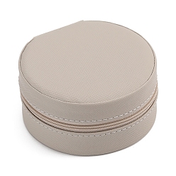Silver Round PU Leather Jewelry Zipper Boxes, Portable Travel Jewelry Organizer Case, for Earrings, Rings, Necklaces Storage, Silver, 10x5cm