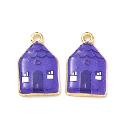 Blue Violet Printed Brass Pendants, House Charms, Rack Plating, Long-Lasting Plated, Lead Free & Cadmium Free, Real 18K Gold Plated, Blue Violet, 25x15.5x3.5mm, Hole: 2.5mm