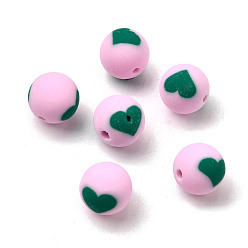 Pink Бусины из полимерной глины , круглые с сердца шаблона, розовые, 10 мм, отверстие : 1.5 мм