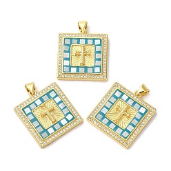 Средний Бирюзовый Квадратные подвески из латуни с микропаве и цирконием, с эмалью и ракушкой, долговечный, без свинца и без кадмия, реальный 18 k позолоченный, средне бирюзовый, 24x21.5x4 мм, отверстие : 5x3 мм