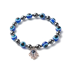 Blue Evil Eye Resin Beads Stretch Bracelet for Girl Women, Synthetic Hematite Beads Bracelet with Hamsa Hand /Hand of Miriam Charm, Blue, Inner Diameter: 2-1/8 inch(5.3cm)