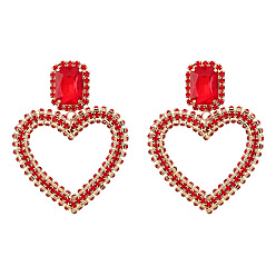 Red Sparkling Diamond Heart Earrings for Women - Glamorous Alloy Party Jewelry with Full Rhinestone Claw Chain