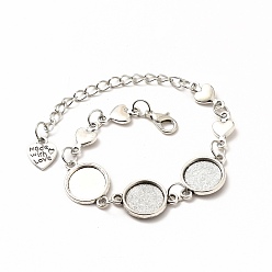 Antique Silver Alloy Bracelets & Anklets Making, Heart Link Bracelet, Blank Cabochon Setting, Antique Silver, 8-3/4 inch(22.2cm), Round Tray: 12mm