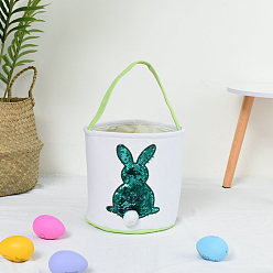 Green Cloth Bunny Pattern Baskets with Glitter Sequins, Easter Eggs Hunt Basket, Gift Toys Carry Bucket Tote, Green, 230x240mm
