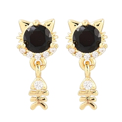 Черный Латунь микро проложить кубический цирконий болтаться серьги стержня, форма кошки с рыбьей костью, долговечный, стойки покрытие, без свинца и без кадмия, реальный 18 k позолоченный, чёрные, 19x9 мм