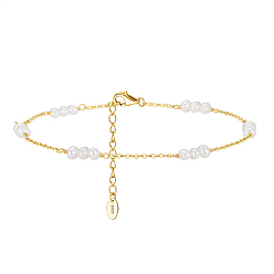 Real 14K Gold Plated Natural Freshwater Pearl Beaded Link Anklet with 925 Sterling Silver Cable Chain for Women, with S925 Stamp, Real 14K Gold Plated, 8-5/8 inch(22cm)