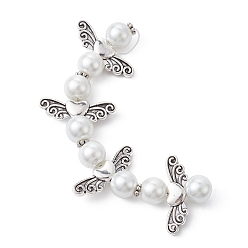 WhiteSmoke Angel Fairy Shape Glass Pearl Beads Strands, with Tibetan Style Alloy Wing Beads and Nylon Wire, WhiteSmoke, 23x23.5x8mm, Hole: 0.8mm, about 4pcs/strand, 3.46 inch(8.8cm)