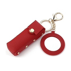 Red PU Leather Lipstick Storage Bags, Portable Lip Balm Organizer Holder for Women Ladies, with Light Gold Tone Alloy Keychain and Mirror, Red, 7x2.5cm