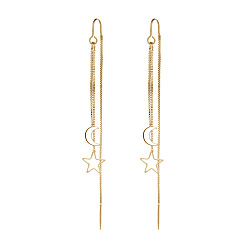 Golden Brass Moon & Star Dangle Stud Earrings, Long Chains Ear Threads for Women, Golden, 85mm