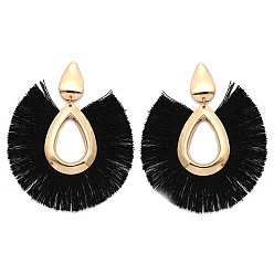 Black Alloy Teardrop Stud Earrings, Bohemia Style Horseshoe Tassel Dangle Earrings for Women, Black, 80x68mm