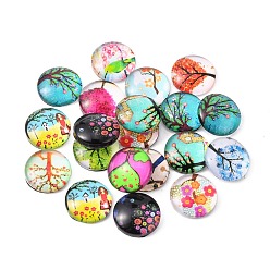 Mixed Color Tree of Life Printed Half Round/Dome Glass Cabochons, Mixed Color, 10x4mm