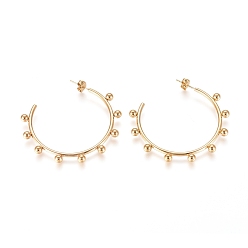 Golden 304 Stainless Steel Stud Earrings, Half Hoop Earrings, Hypoallergenic Earrings, with Round Beads and Earring Backs, Golden, 47.5x48.2x4mm, Pin: 0.7mm