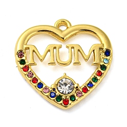 Colorful Ion Plating(IP) Real 18K Gold Plated 304 Stainless Steel Rhinestone Pendants, Heart with Word Mum Charms, for Mother's Day, Colorful, 19x19x3mm, Hole: 1.5mm