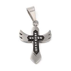 Stainless Steel Color Vacuum Plating 304 Stainless Steel Pendants, with Rhinestone, Cross with Wing Charm, Electrophoresis Black & Stainless Steel Color, 28.2x20x3.5mm, Hole: 9x5mm