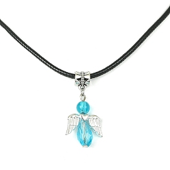Dark Turquoise Angel Shape Alloy with Glass Pendant Necklaces, with Imitation Leather Cords, Dark Turquoise, 17.32 inch(44cm)