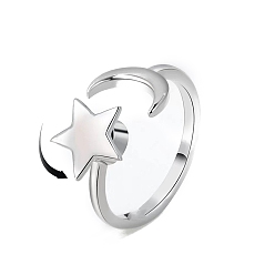 Star Brass Rotating Open Cuff Ring, Spinner Ring for Anxiety Stress Relief, Platinum