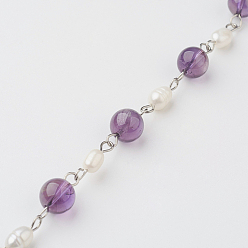 Amethyst Handmade Chains for Necklaces Bracelets Making, with Amethyst, Grade A Natural Freshwater Pearl and 304 Stainless Steel Eye Pin, Unwelded, 39.37 inch(1m)
