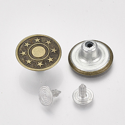 Antique Bronze Iron Button Pins for Jeans, Garment Accessories, Flat Round with Star Pattern, Antique Bronze, 17x7.5mm, Hole: 1.8mm, Pin: 7.5x8mm, Knob: 2.5mm, 2pcs/set