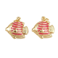 Pink Латунные эмалевые подвески-рыбки, прелести морских животных, с прыжковых колец, золотые, стойки покрытие, без кадмия и без свинца, долговечный, розовые, 18x17.5x6 мм, отверстие : 3.4 мм