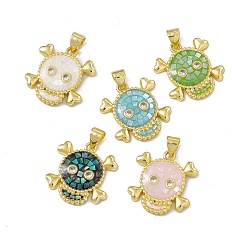 Mixed Color Halloween Natural Shell Pendants, Skull Charms, Dyed, with Rack Plating Golden Tone Brass Findings, Long-Lasting Plated, Mixed Color, 19.5x18.5x3mm, Hole: 4x3.5mm