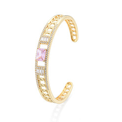 Pink Cubic Zirconia Rectangle Open Cuff Bangle, Golden Brass Jewelry for Women, Nickel Free, Pink, Inner Diameter: 2-1/8 inch(5.4cm)