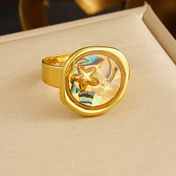 Plano Redondo 304 Anillos de acero inoxidable y concha de paua, dorado, plano y redondo con estrellas de mar, diámetro interior: 15~20 mm