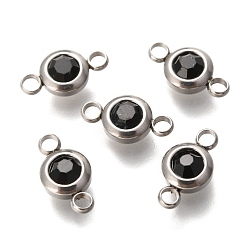 Jet 304 Stainless Steel Rhinestone Links Connectors, Flat Round, Stainless Steel Color, Jet, 12x6.5x4mm, Hole: 2mm