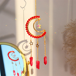 Crimson Moon Quartz Crystal Dyed Hanging Suncatcher Pendant Decoration, Crystal Ball Prism Pendants, with Brass & Iron Findings, Crimson, 300mm